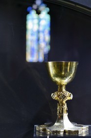 France, Finistere, Locronan, labelled Les plus Beaux Villages de France (The Most Beautiful Villages of France), Saint Ronan church, the large gilded silver chalice from the late fifteenth century is the most beautiful piece of the treasure