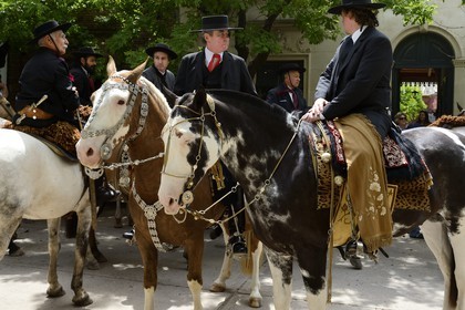 Argentina, Buenos Aires Province, San Antonio de Areco, Tradition Day festival (Dia de Tradicion), gauchos parade on horseback in traditional dress,  estanciero (gaucho who owns a ranch)