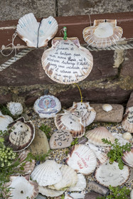 France, Cotes d'Armor, Grand Site de France Cap d'Erquy - Cap Frehel, Erquy, the Saint-Michel islet , the Saint-Michel chapel, ex voto on scallop shells