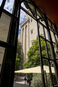 France, Vaucluse, Avignon, Palais des Papes (Palace of the Popes) classified as UNESCO World Heritage, the Trouillas tower on the right and the Latrines or Icehouse tower on the eastern facade