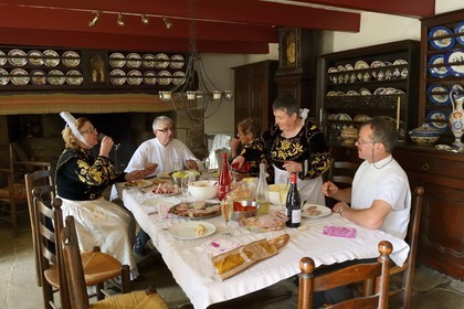 France, Finistere, Locronan, labelled Les plus Beaux Villages de France (The Most Beautiful Villages of France), lunch in traditional costumes the day of the procession of the small Troménie in the Louboutin family farm