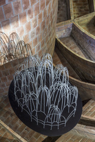 Spain, Catalonia, Barcelona, Eixample district, Passeig de Gracia, Pedrera or Casa Mila (1905-1910) by the Catalan modernist architect Antoni Gaudi, UNESCO World Heritage site, suspended model based on Gaudi's calculations for the vaults and structure, seen in a mirror