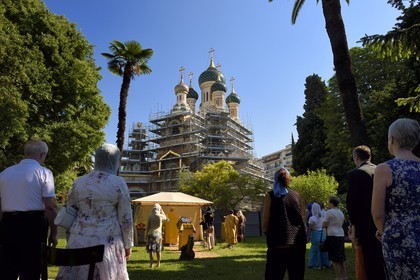 France, Alpes-Maritimes, Nice, Russian Orthodox Cathedral of St. Nicolas built in 1859 on Boulevard Tzarevitch, outdoor Mass