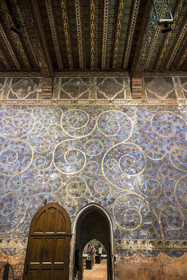 France, Vaucluse, Avignon, Palais des Papes (Palace of the Popes) listed as World heritage by UNESCO, the Tower of Angels or Pope's Tower, Pope's Room, a two-dimensional plant space made of vine and oak scrolls, dotted with birds and squirrels, adorns the walls on a sky blue background