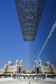 France, Bouches du Rhone, Marseille, MuCEM (Museum of Civilization in Europe and the Mediterranean) by the architect Rudy Ricciotti and R. Carta, the La Major Cathedral in the background