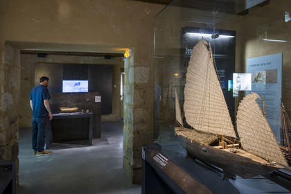 France, Morbihan, Port-Louis, Port Louis Citadel, national maritime museum, part devoted to archeology at sea, model of a Gulf of Tonkin coaster