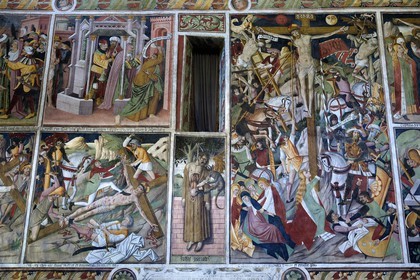 France, Alpes-Maritimes, Roya Valley, La Brigue, Notre Dame des Fontaines Chapel, 15th century frescos attributed to Jean Canavesio, the Crucifixion and Judas hanged