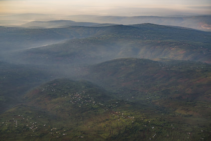 Rwanda, Eastern Province, fields and scattered settlements in the hills east of Kigali (aerial view)