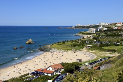 France, Pyrenees Atlantiques, Basque Country, Biarritz, the Ilbarritz beach and the Rocher de la Vierge in the background
