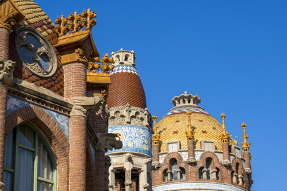 Spain, Catalonia, Barcelona, El Guinardo district, former Hospital de la Santa Creu i de Sant Pau listed as UNESCO World Heritage, modernist style by architect Domenech i Montaner, today a museum and a cultural center, detail of the decoration of the pavilions