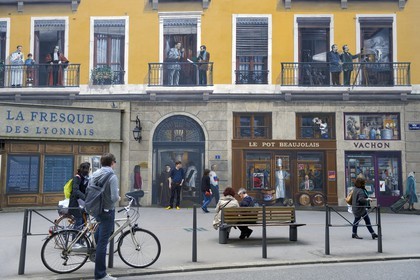 France, Rhone, Lyon, historic site listed as World Heritage by UNESCO, Rue de la Martiniere, fresco of the People of Lyon (La Fresque des Lyonnais) carried out by the City of Creation