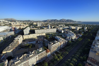 France, Bouches du Rhone, Marseille, the Avenue du Prado which leads to the Prado beach, the Saint Sahak Armenian Apostolic Cathedral and St. Mesrob Serpotz Tarkmantchaz ( Saints translators ) in the foreground on the left