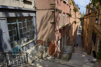 France, Rhone, Lyon, historical site listed as World Heritage by UNESCO, St. Paul neighborhood in the Vieux Lyon (Old Town), Montée du Change extending the rue de la Loge