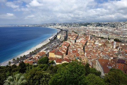 France, Alpes-Maritimes, Nice, the Baie des Anges, the Old Town and the Promenade des Anglais on the seafront