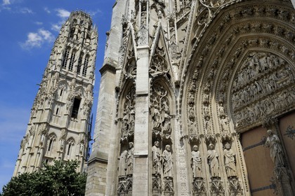 France, Seine Maritime, Rouen, Notre Dame of Rouen Cathedral, the Calende portal and the Tour de Beurre (Butter Tower)