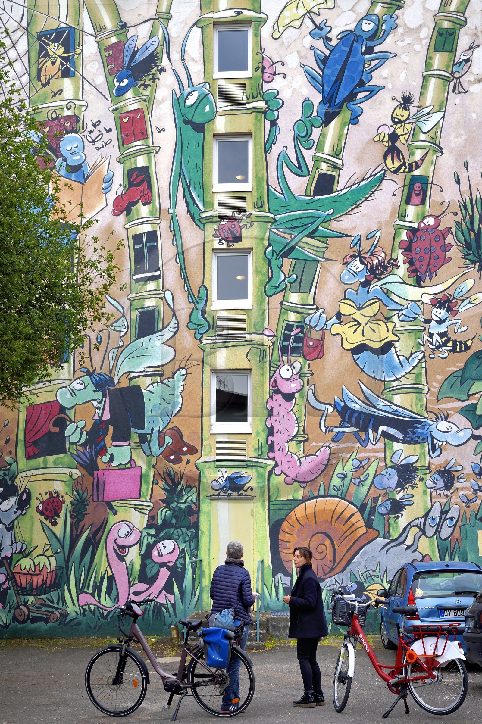 France, Charente (16), Angoulême, Rue Pierre Sémard , cycliste faisant la véloroute La Flow Vélo devant Le Jardin Extraordinaire, mur peint d'après un dessin original de Florence Cestac et réalisé par la Cité de la création en 2001